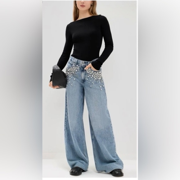 rag & bone Denim - rag & bone Light Blue Embellished Wide Leg Jeans